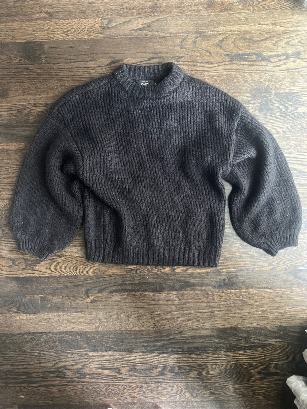 Vintage Y2K Only Black Ribbed Balloon-Sleeve Balloon Sleeves Crew Sweater | XS